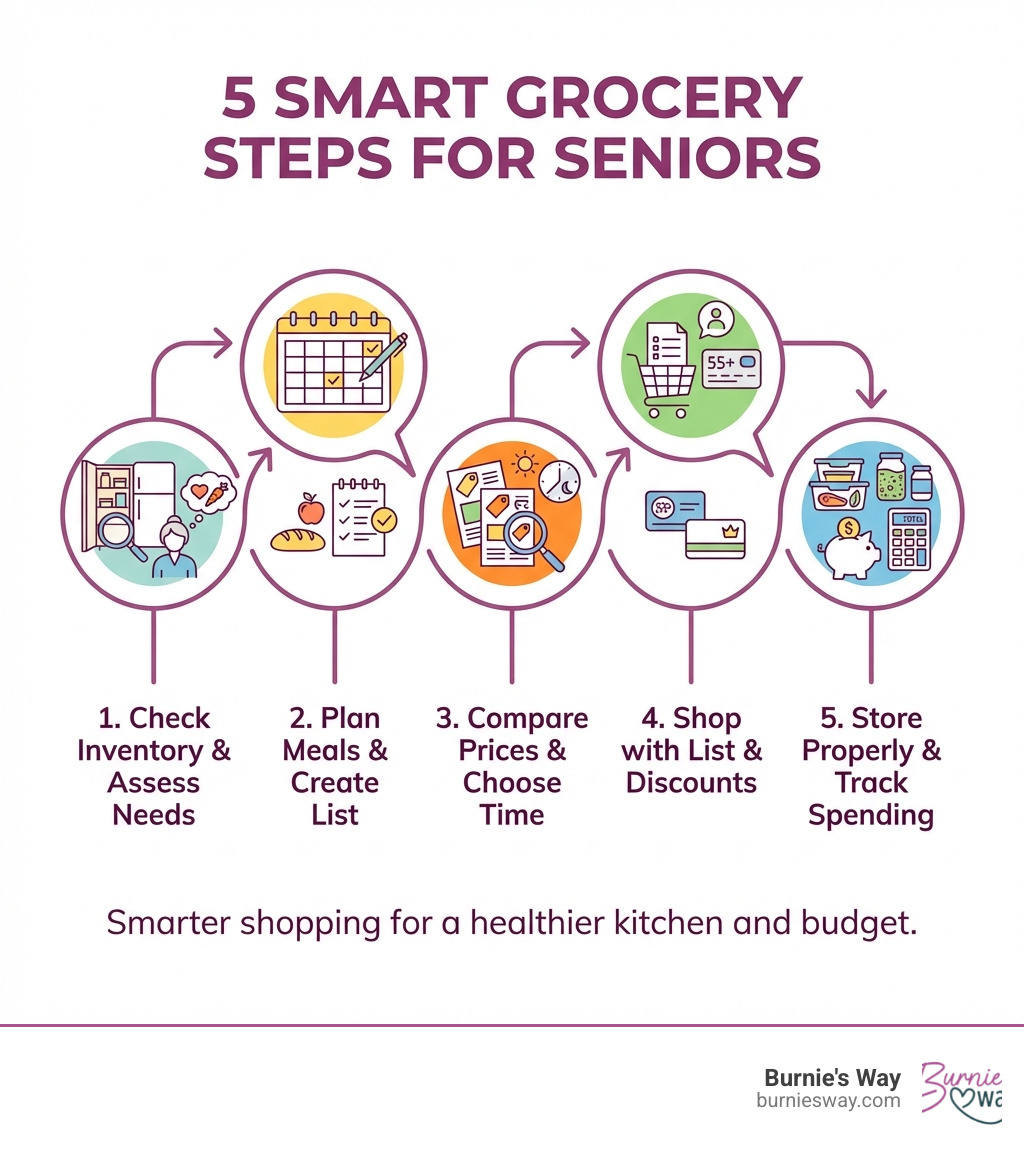 infographic showing 5 steps: 1. Check kitchen inventory and assess dietary needs, 2. Plan weekly meals and create organized shopping list, 3. Compare prices using circulars and choose shopping time, 4. Shop with list using senior discounts and loyalty programs, 5. Store food properly and track spending for next week - grocery shopping for elders infographic infographic showing 5 steps: 1. Check kitchen inventory and assess dietary needs, 2. Plan weekly meals and create organized shopping list, 3. Compare prices using circulars and choose shopping time, 4. Shop with list using senior discounts and loyalty programs, 5. Store food properly and track spending for next week - grocery shopping for elders infographic