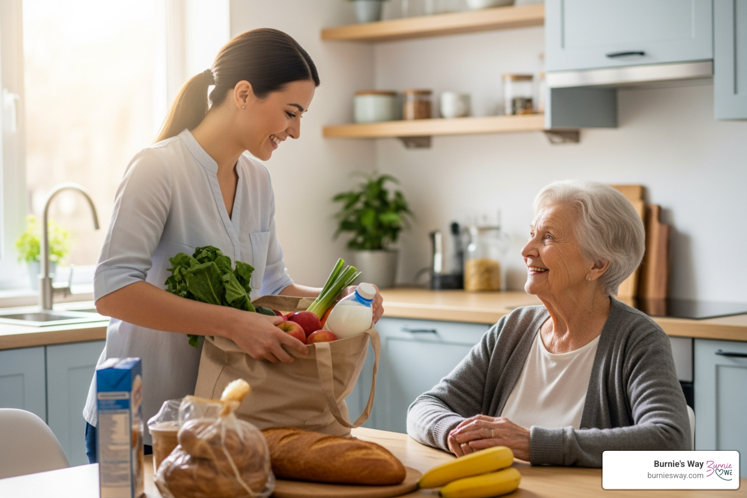 A friendly support person helping a senior with groceries - eldercare services