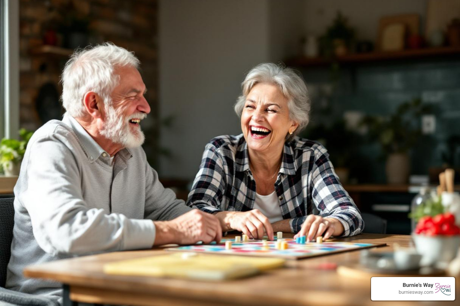 Two seniors laughing heartily while playing a board game, surrounded by bright natural light - holistic senior wellness