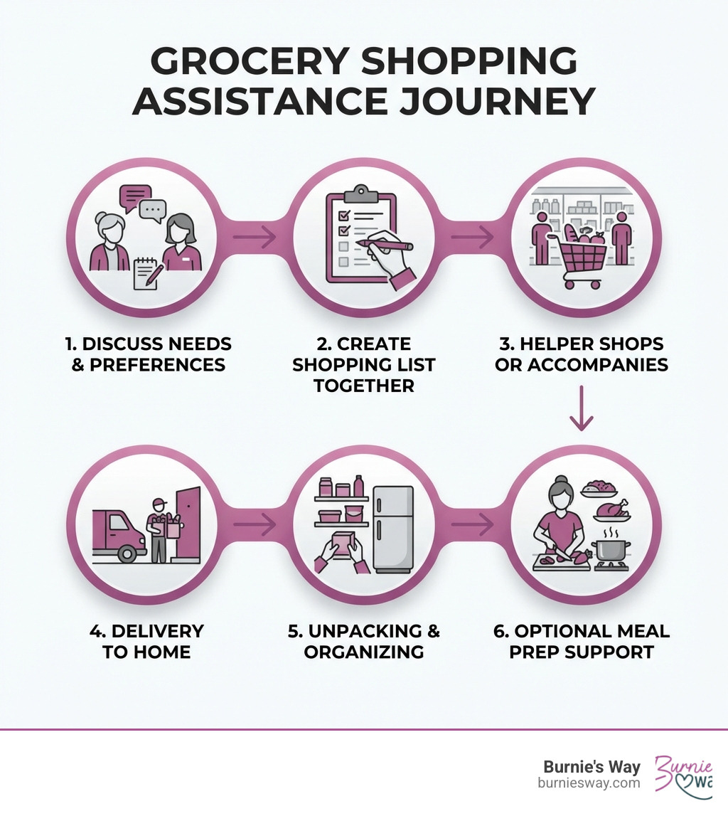 Infographic showing the grocery shopping assistance journey: 1. Discuss needs and preferences, 2. Create shopping list together, 3. Helper shops or accompanies to store, 4. Delivery to home, 5. Unpacking and organizing groceries, 6. Optional meal prep support - grocery shopping assistance infographic Infographic showing the grocery shopping assistance journey: 1. Discuss needs and preferences, 2. Create shopping list together, 3. Helper shops or accompanies to store, 4. Delivery to home, 5. Unpacking and organizing groceries, 6. Optional meal prep support - grocery shopping assistance infographic