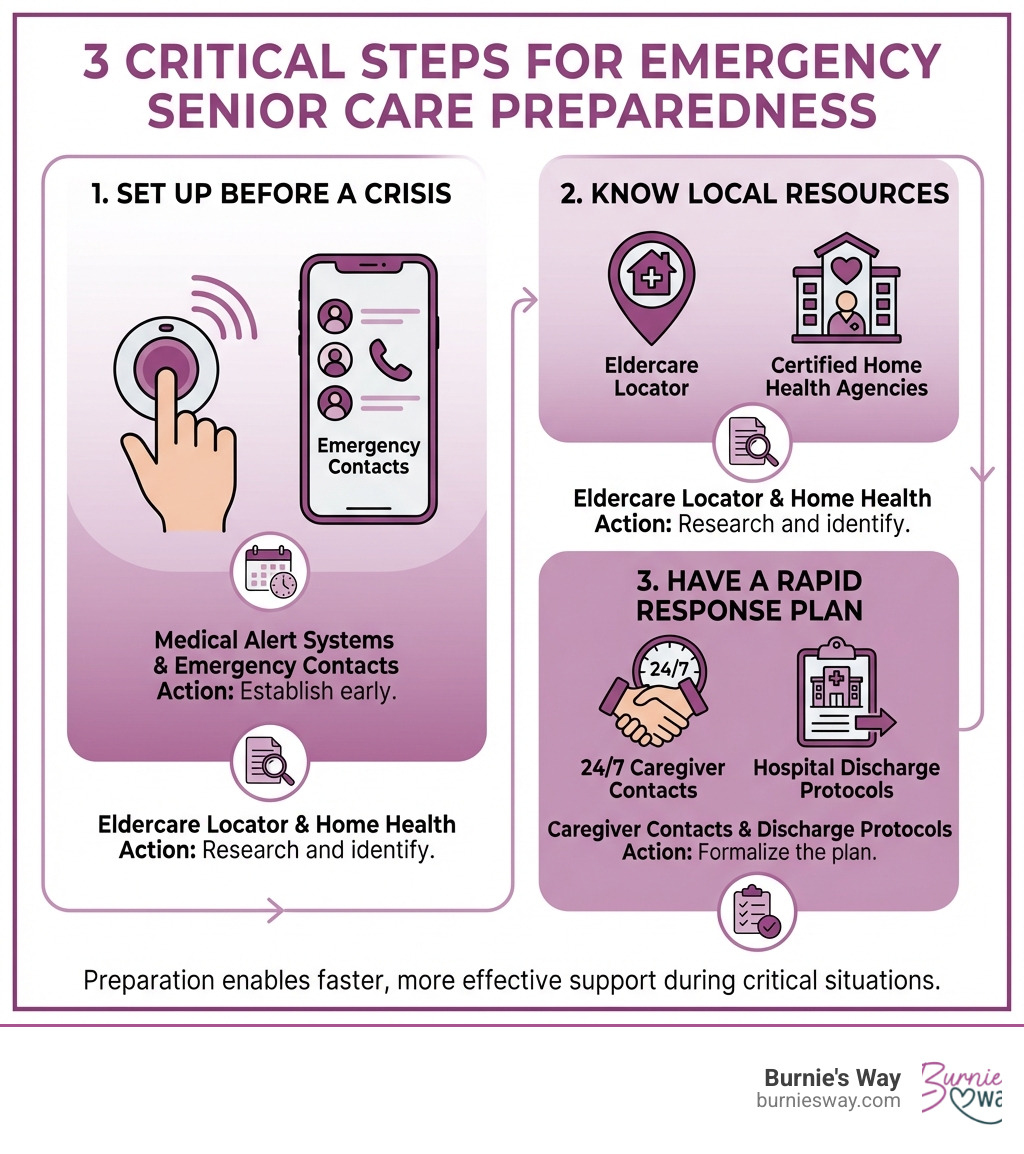 Infographic showing three critical steps for emergency senior care preparedness: 1. Set up medical alert systems and emergency contacts before a crisis, 2. Know your local resources including Eldercare Locator and certified home health agencies, 3. Have a rapid response plan including 24/7 caregiver contacts and hospital discharge protocols - Emergency senior care infographic 