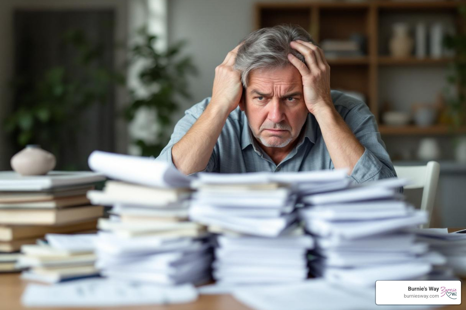 stressed family member looking at a pile of paperwork - elder care specialists stressed family member looking at a pile of paperwork - elder care specialists