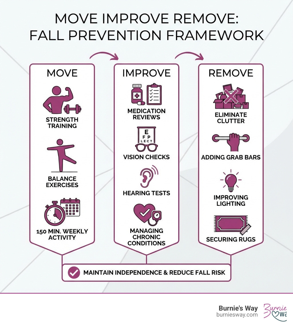 Infographic showing the Move Improve Remove fall prevention framework: Move includes strength training, balance exercises, and 150 minutes weekly activity; Improve includes medication reviews, vision checks, hearing tests, and managing chronic conditions; Remove includes eliminating clutter, adding grab bars, improving lighting, and securing rugs - fall prevention seniors infographic 